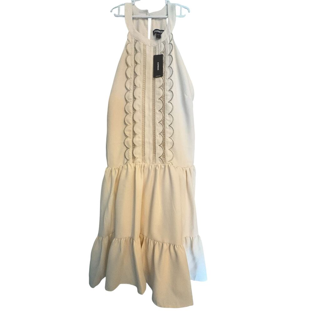 Express Cream Scallood Front Halter Style Tiered Short Sleeveless Dress NWT sz S - Picture 10 of 10